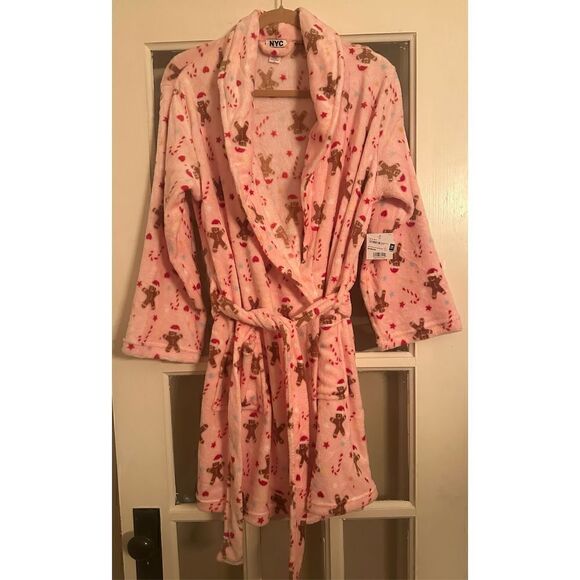 Christmas pastel pink gingerbread O/S HOLIDAY women’s  BELTED ROBE - Picture 3 of 10